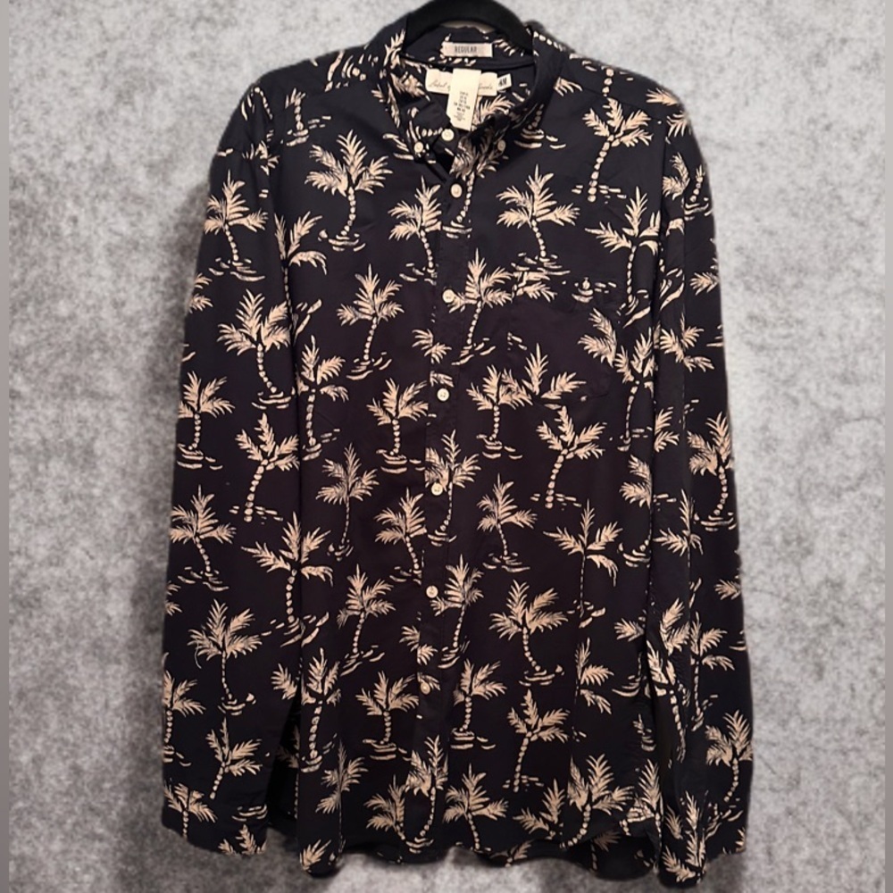H&M Men’s Casual Hawaiian Island Style Dress Shirt Black/Tan Size XL Reg